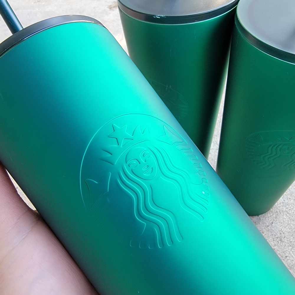 Starbucks Soft Touch Green Stainless Steel Venti Tumblers SET OF THREE NEW - Picture 3 of 12